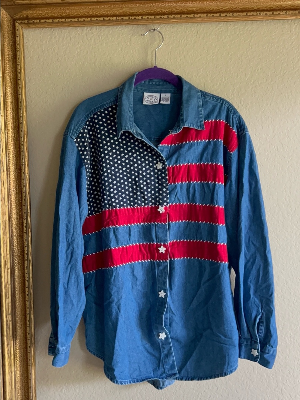 Vintage Patriotic Carolina Blues Denim Button-Up Shirt with flag Stars & Stripes